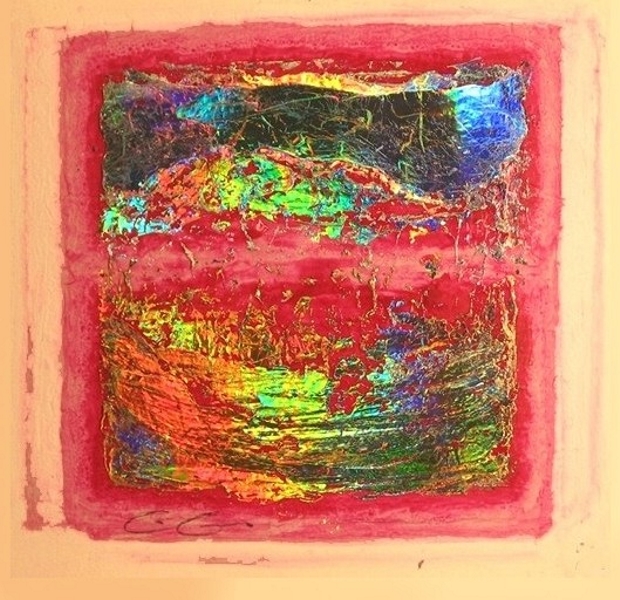 [touch02b.jpg - Christiane Grasse: Painted Light, The Moment They Touch - 20x20 cm, mixed media, holographic painting on paper]